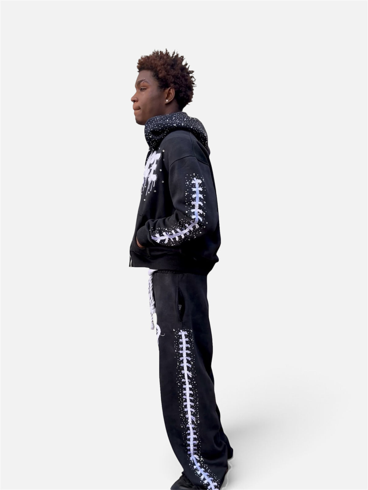 Black Solace set worn by a model, side view