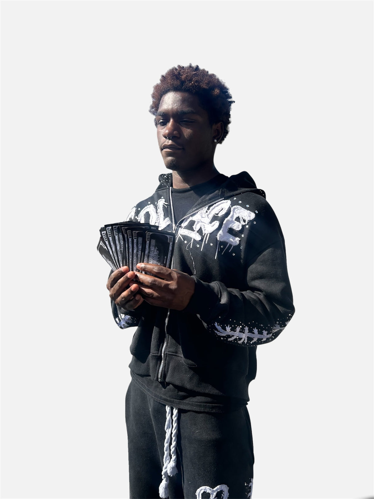 Black Solace zip-up worn by a model