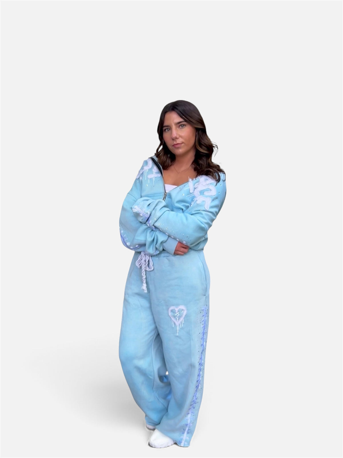 Blue Solace set worn by a female model